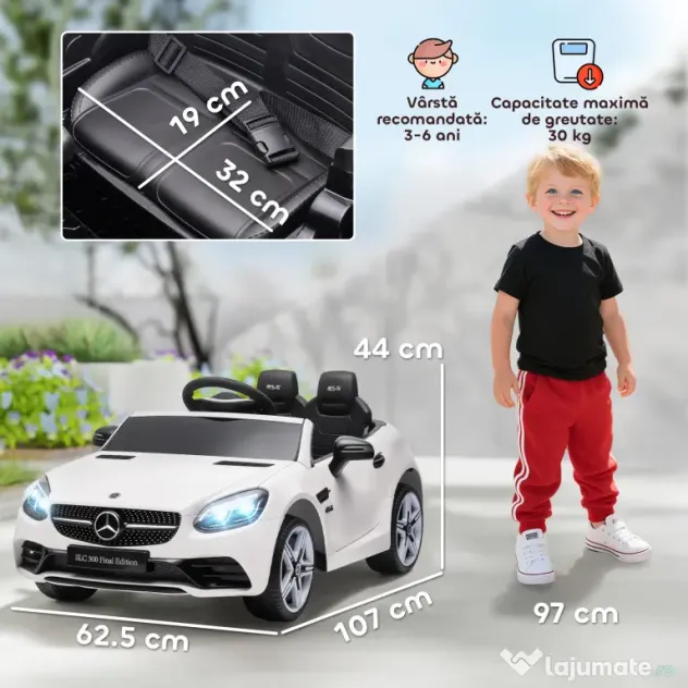 AIYAPLAY Mașină Electrică pentru Copii Licențiată Mercedes SLC 300 cu Telecomandă, din PP și Metal, 107x62.5x44 cm, Albă