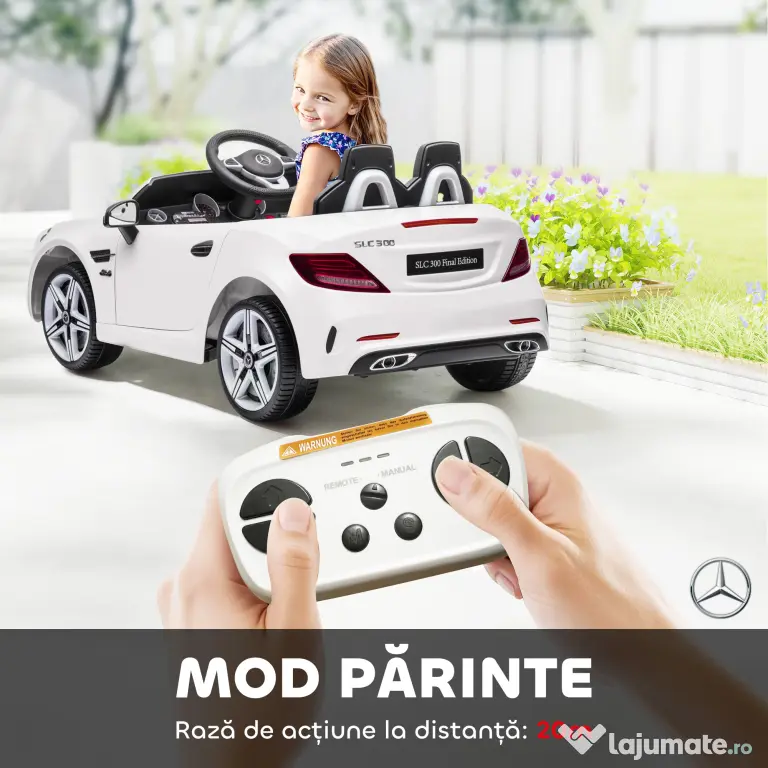AIYAPLAY Mașină Electrică pentru Copii Licențiată Mercedes SLC 300 cu Telecomandă, din PP și Metal, 107x62.5x44 cm, Albă