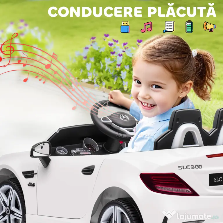 AIYAPLAY Mașină Electrică pentru Copii Licențiată Mercedes SLC 300 cu Telecomandă, din PP și Metal, 107x62.5x44 cm, Albă
