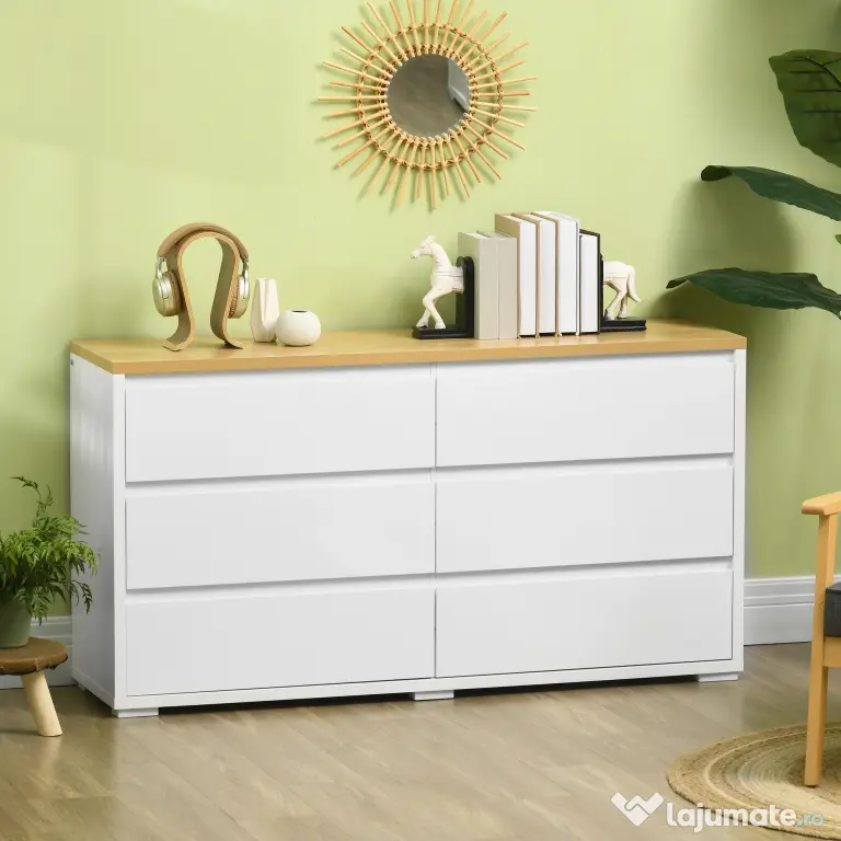 HOMCOM Comodă Modernă cu 6 Sertare din PAL pentru Dormitor și Hol, 140x37x75cm