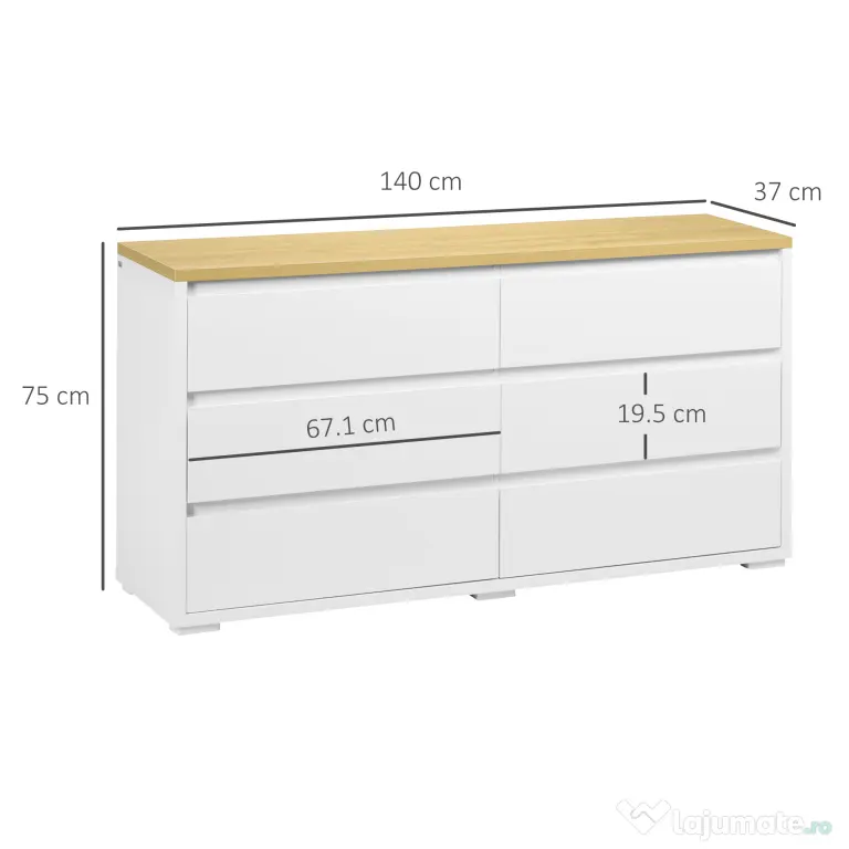 HOMCOM Comodă Modernă cu 6 Sertare din PAL pentru Dormitor și Hol, 140x37x75cm