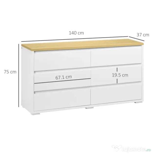 HOMCOM Comodă Modernă cu 6 Sertare din PAL pentru Dormitor și Hol, 140x37x75cm