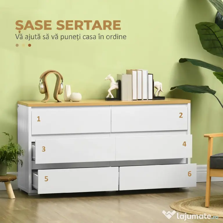 HOMCOM Comodă Modernă cu 6 Sertare din PAL pentru Dormitor și Hol, 140x37x75cm