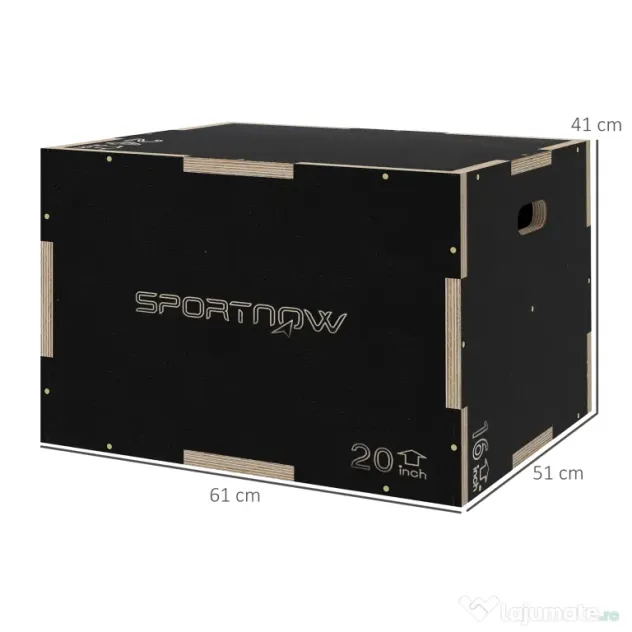 SPORTNOW Cutie Pliometrică pentru Sărituri cu 3 Înălțimi din Lemn Antiderapant, 61-51-41 cm, Negru
