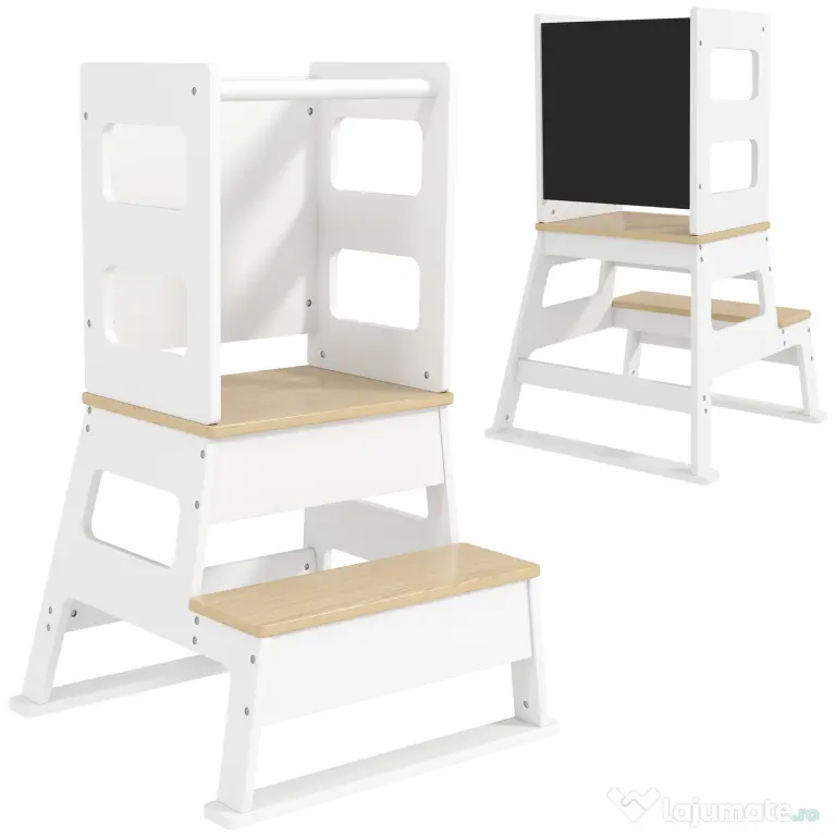AIYAPLAY Turn Montessori pentru Copii cu Tablă și Balustradă, din Lemn, 55x52.5x87.5 cm, Alb și Lemn Natur