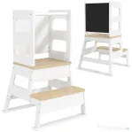 AIYAPLAY Turn Montessori pentru Copii cu Tablă și Balustradă, din Lemn, 55x52.5x87.5 cm, Alb și Lemn Natur