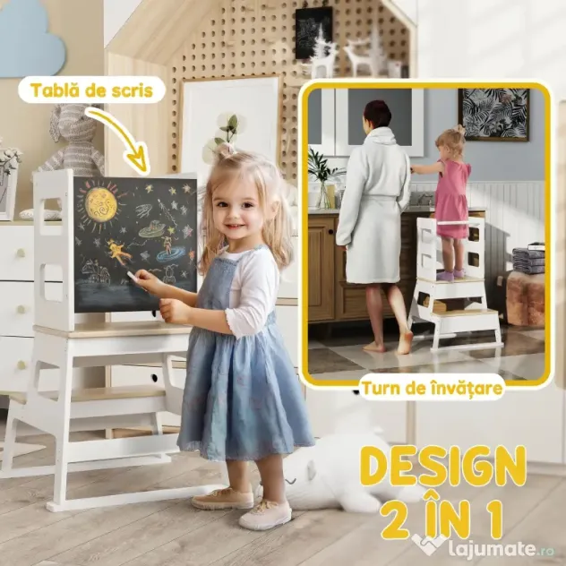 AIYAPLAY Turn Montessori pentru Copii cu Tablă și Balustradă, din Lemn, 55x52.5x87.5 cm, Alb și Lemn Natur