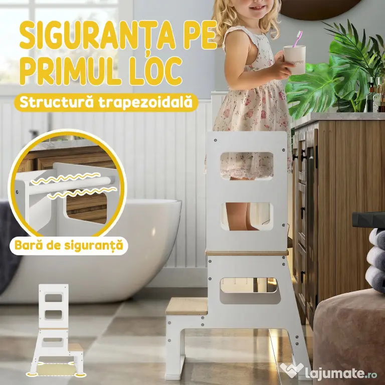 AIYAPLAY Turn Montessori pentru Copii cu Tablă și Balustradă, din Lemn, 55x52.5x87.5 cm, Alb și Lemn Natur
