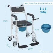 HOMCOM Scaun cu rotile cu WC impermeabil 4 în 1 cu suporturi pentru picioare rabatabile, din aluminiu și plastic, negru