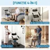 HOMCOM Scaun cu rotile cu WC impermeabil 4 în 1 cu suporturi pentru picioare rabatabile, din aluminiu și plastic, negru