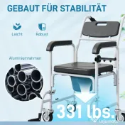HOMCOM Scaun cu rotile cu WC impermeabil 4 în 1 cu suporturi pentru picioare rabatabile, din aluminiu și plastic, negru