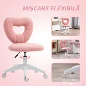 HOMCOM Scaun de Birou Rotativ cu Spătar în Formă de Inimă, Înălțime Reglabilă, Țesătură Teddy, 45x56x78-88 cm, Roz 