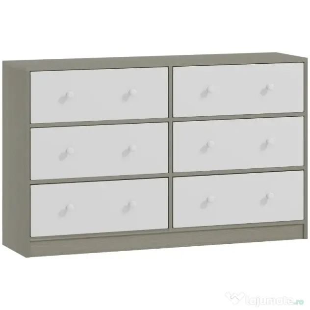 HOMCOM Comodă cu 6 sertare pliabile cu mânere duble, din lemn, oțel și material textil, 114x30x70 cm, alb și gri