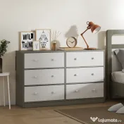 HOMCOM Comodă cu 6 sertare pliabile cu mânere duble, din lemn, oțel și material textil, 114x30x70 cm, alb și gri 