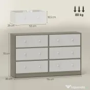 HOMCOM Comodă cu 6 sertare pliabile cu mânere duble, din lemn, oțel și material textil, 114x30x70 cm, alb și gri 