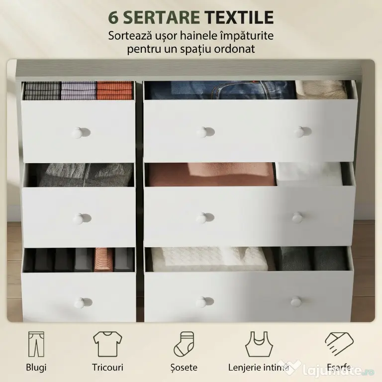 HOMCOM Comodă cu 6 sertare pliabile cu mânere duble, din lemn, oțel și material textil, 114x30x70 cm, alb și gri