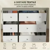 HOMCOM Comodă cu 6 sertare pliabile cu mânere duble, din lemn, oțel și material textil, 114x30x70 cm, alb și gri 