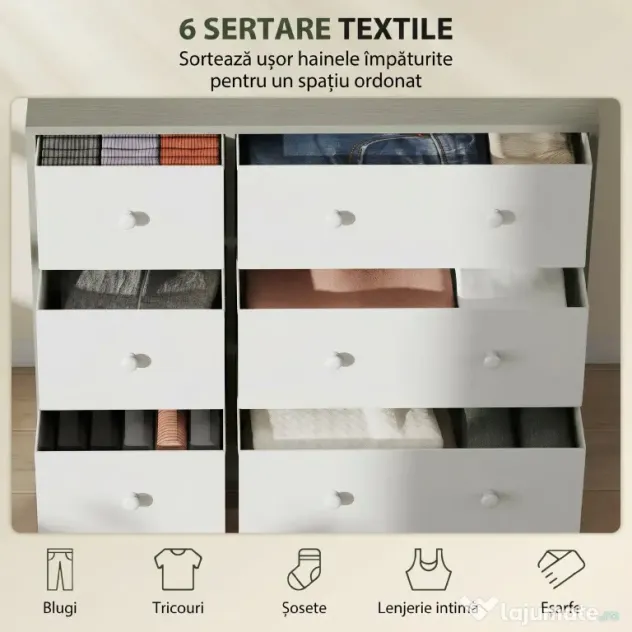 HOMCOM Comodă cu 6 sertare pliabile cu mânere duble, din lemn, oțel și material textil, 114x30x70 cm, alb și gri