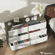 HOMCOM Comodă cu 6 sertare pliabile cu mânere duble, din lemn, oțel și material textil, 114x30x70 cm, alb și gri 