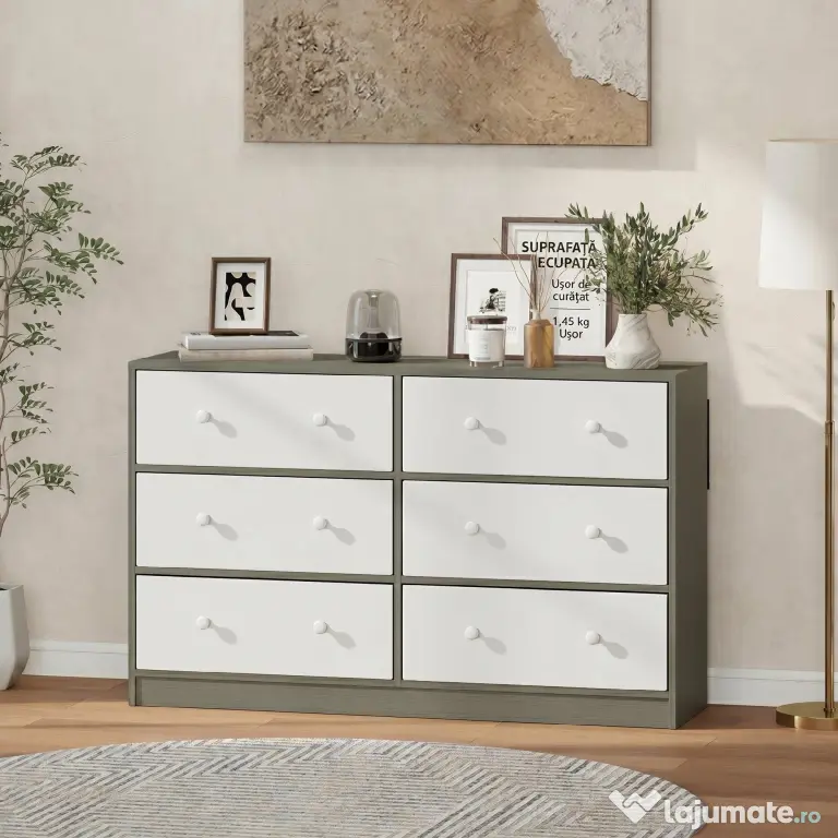 HOMCOM Comodă cu 6 sertare pliabile cu mânere duble, din lemn, oțel și material textil, 114x30x70 cm, alb și gri