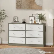 HOMCOM Comodă cu 6 sertare pliabile cu mânere duble, din lemn, oțel și material textil, 114x30x70 cm, alb și gri 