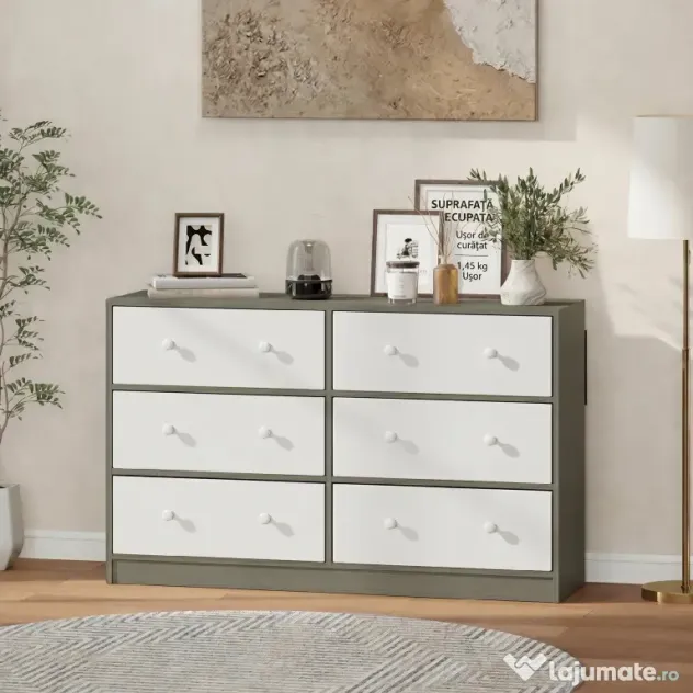 HOMCOM Comodă cu 6 sertare pliabile cu mânere duble, din lemn, oțel și material textil, 114x30x70 cm, alb și gri