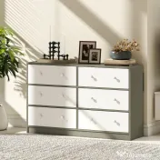 HOMCOM Comodă cu 6 sertare pliabile cu mânere duble, din lemn, oțel și material textil, 114x30x70 cm, alb și gri 