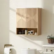 HOMCOM Dulap suspendat pentru baie cu raft deschis și uși decorate, blat cu efect de marmură, 60x18x70 cm, stejar 