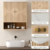 HOMCOM Dulap suspendat pentru baie cu raft deschis și uși decorate, blat cu efect de marmură, 60x18x70 cm, stejar 
