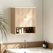 HOMCOM Dulap suspendat pentru baie cu raft deschis și uși decorate, blat cu efect de marmură, 60x18x70 cm, stejar 