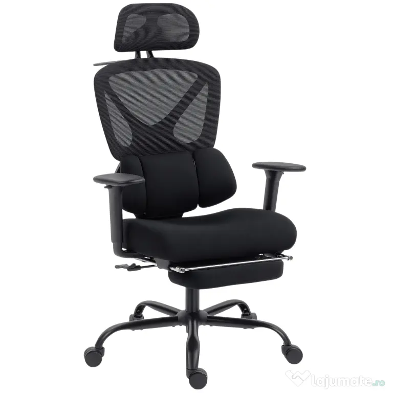 HOMCOM Scaun de Birou Ergonomic și Respirabil cu Suport Lombar Dinamic și Suport pentru Picioare, 73x75x120-128 cm, Negru