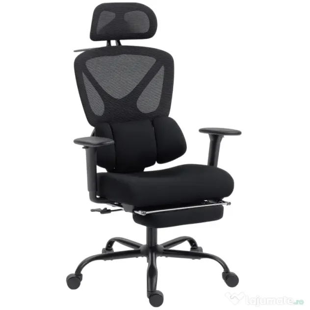 HOMCOM Scaun de Birou Ergonomic și Respirabil cu Suport Lombar Dinamic și Suport pentru Picioare, 73x75x120-128 cm, Negru