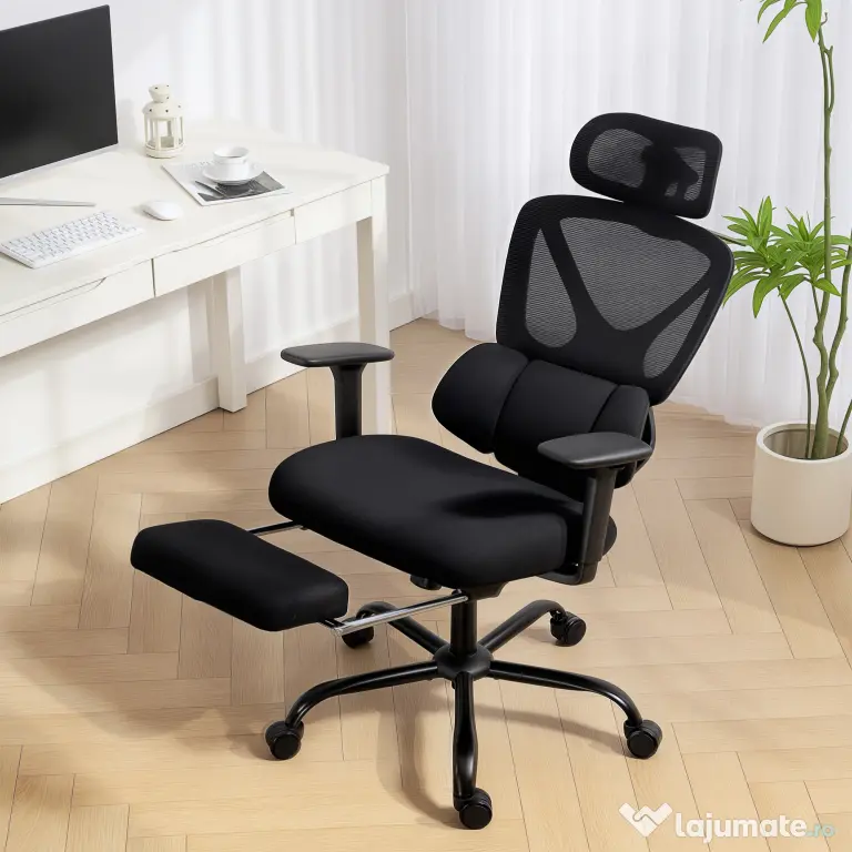 HOMCOM Scaun de Birou Ergonomic și Respirabil cu Suport Lombar Dinamic și Suport pentru Picioare, 73x75x120-128 cm, Negru
