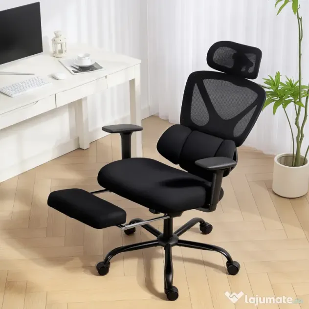 HOMCOM Scaun de Birou Ergonomic și Respirabil cu Suport Lombar Dinamic și Suport pentru Picioare, 73x75x120-128 cm, Negru