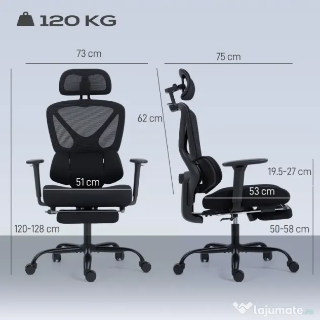 HOMCOM Scaun de Birou Ergonomic și Respirabil cu Suport Lombar Dinamic și Suport pentru Picioare, 73x75x120-128 cm, Negru