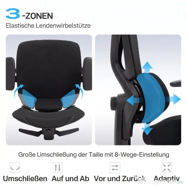 HOMCOM Scaun de Birou Ergonomic și Respirabil cu Suport Lombar Dinamic și Suport pentru Picioare, 73x75x120-128 cm, Negru