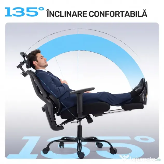 HOMCOM Scaun de Birou Ergonomic și Respirabil cu Suport Lombar Dinamic și Suport pentru Picioare, 73x75x120-128 cm, Negru
