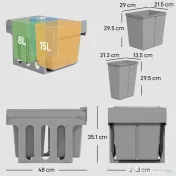HOMCOM Cos de Gunoi Extractibil Sub Chiuveta 31L, 3 Recipiente Detasabile, 48x34,3x35,1 cm, Gri Deschis 