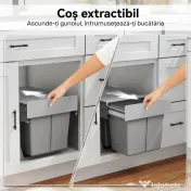 HOMCOM Cos de Gunoi Extractibil Sub Chiuveta 31L, 3 Recipiente Detasabile, 48x34,3x35,1 cm, Gri Deschis 