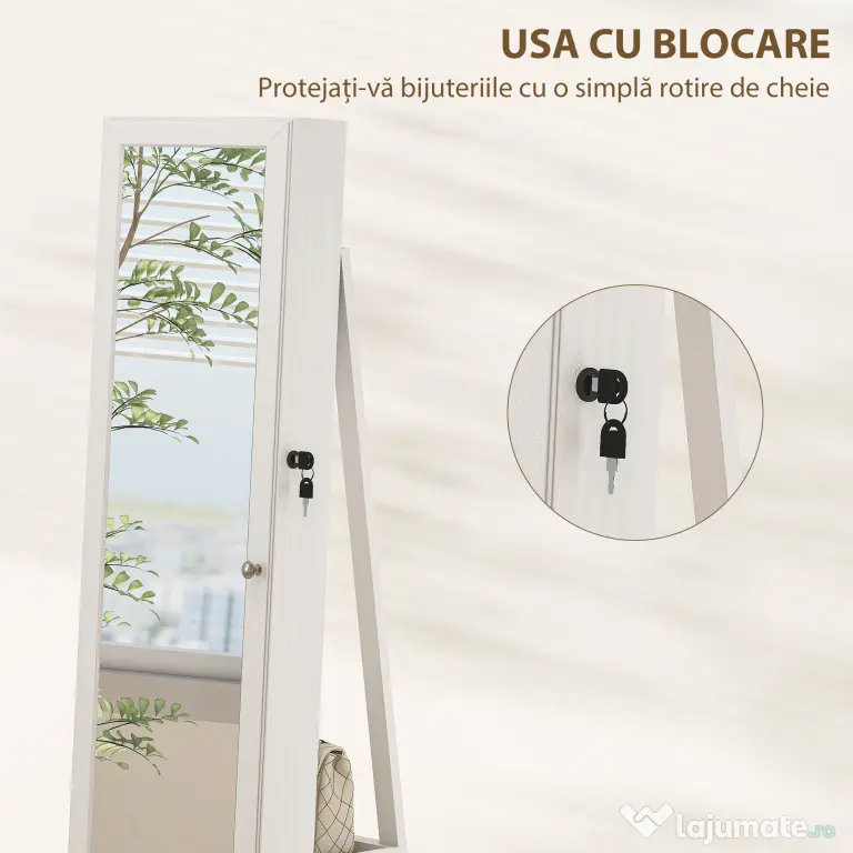 HOMCOM Oglindă Suport pentru Bijuterii, Oglindă de podea Pivotantă Modernă pentru Dormitor, 38x38x160 cm, Alb