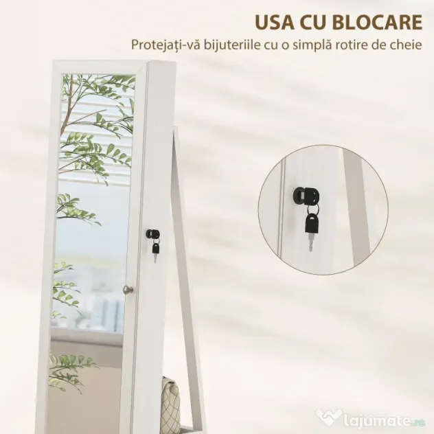 HOMCOM Oglindă Suport pentru Bijuterii, Oglindă de podea Pivotantă Modernă pentru Dormitor, 38x38x160 cm, Alb