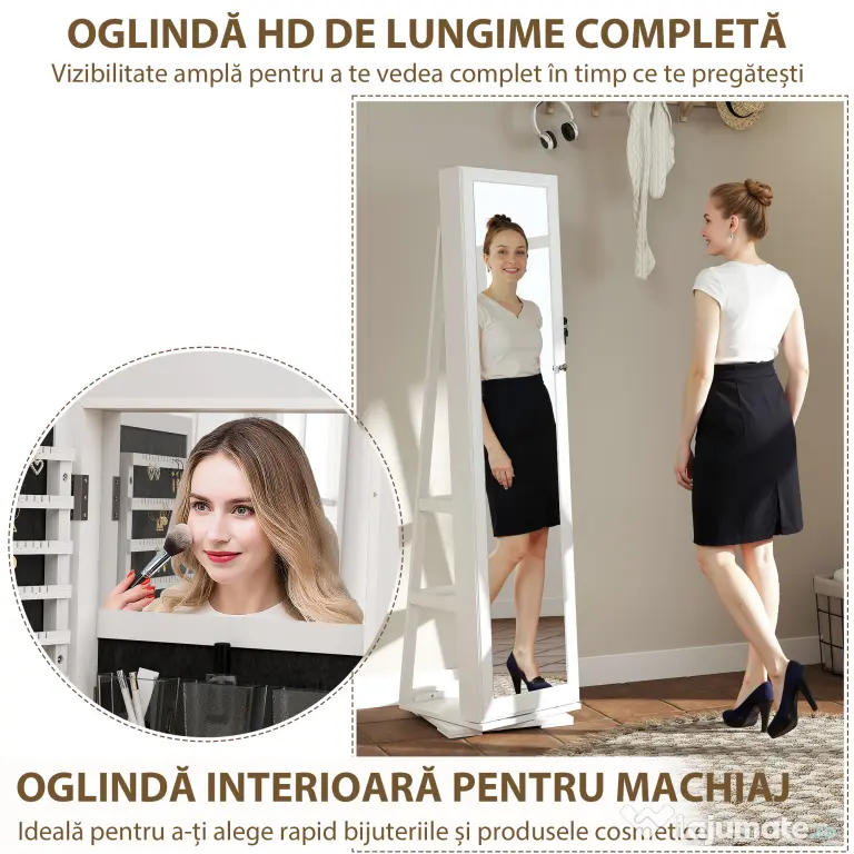 HOMCOM Oglindă Suport pentru Bijuterii, Oglindă de podea Pivotantă Modernă pentru Dormitor, 38x38x160 cm, Alb