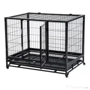 PawHut Cușcă Boxă pentru Câini și Cățeluși, Utilizare Interior/Exterior, Cadru Metalic Robust cu Rotițe, 92×62×75 cm, Negru