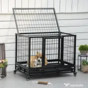 PawHut Cușcă Boxă pentru Câini și Cățeluși, Utilizare Interior/Exterior, Cadru Metalic Robust cu Rotițe, 92×62×75 cm, Negru