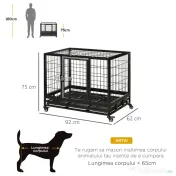 PawHut Cușcă Boxă pentru Câini și Cățeluși, Utilizare Interior/Exterior, Cadru Metalic Robust cu Rotițe, 92×62×75 cm, Negru