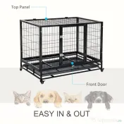 PawHut Cușcă Boxă pentru Câini și Cățeluși, Utilizare Interior/Exterior, Cadru Metalic Robust cu Rotițe, 92×62×75 cm, Negru