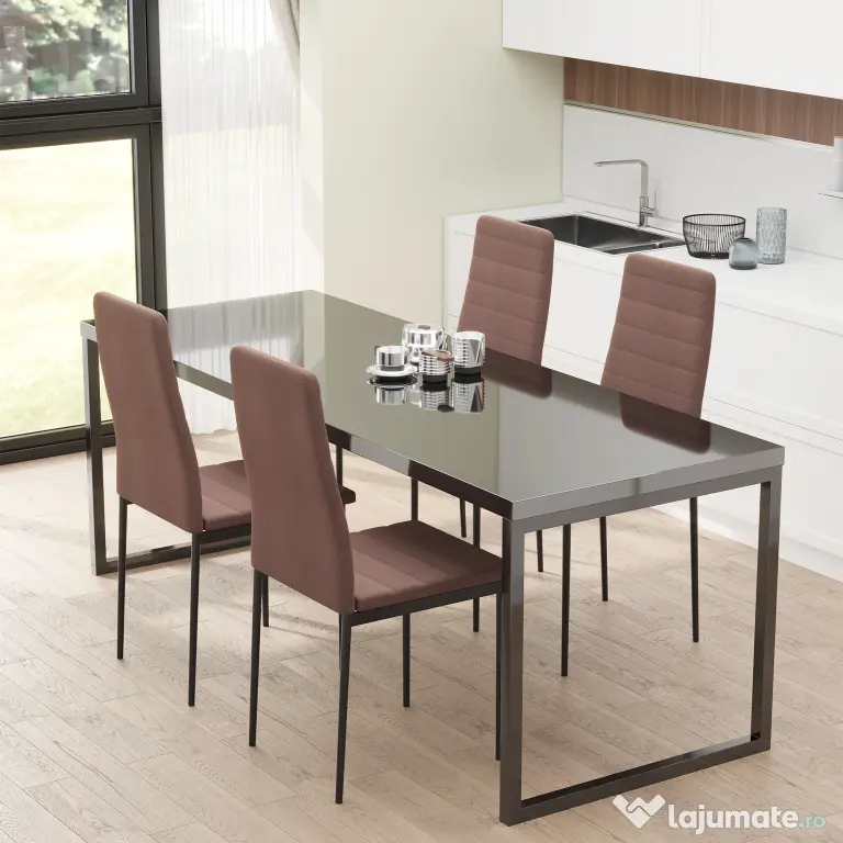 HOMCOM Set 4 Scaune Moderne pentru Dining și Bucătărie, Scaune Căptușite cu Cadru Metalic Robust, Textil Kaki