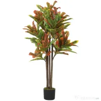 HOMCOM Plantă Artificială Croton cu 139 Frunze Modelabile și Ghiveci Alb din PP și Ciment, Plantă Falsă din PEVA și Lemn, 55x55x120 cm, Multicolor