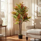 HOMCOM Plantă Artificială Croton cu 139 Frunze Modelabile și Ghiveci Alb din PP și Ciment, Plantă Falsă din PEVA și Lemn, 55x55x120 cm, Multicolor