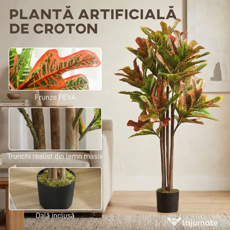 HOMCOM Plantă Artificială Croton cu 139 Frunze Modelabile și Ghiveci Alb din PP și Ciment, Plantă Falsă din PEVA și Lemn, 55x55x120 cm, Multicolor